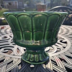 Vintage Green Pottery Ribbed  Pedestal Small Planter MCM 5.75x7" Spring Granny